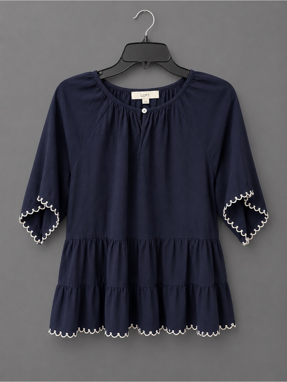 LOFT Navy Button-Front Blouse with Gathered Yoke - Picture 2 of 6